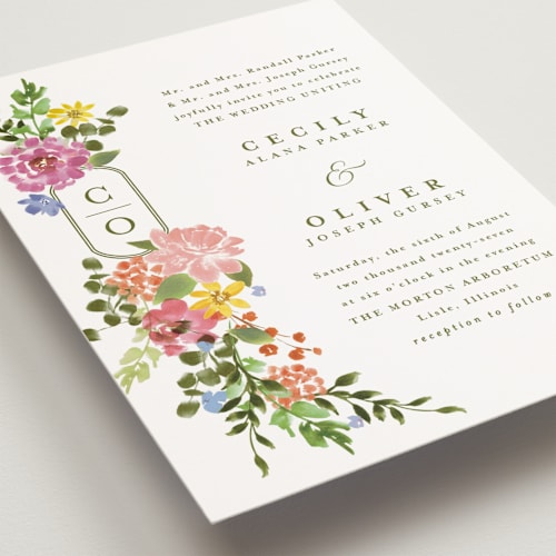 This is a summer petite wedding invitations with standard by Angela Marzuki called garland monogram printing on signature in petite