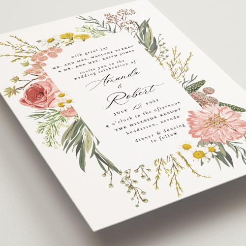 This is a blush petite wedding invitations with standard by Susan Moyal called organic florals printing on signature in petite