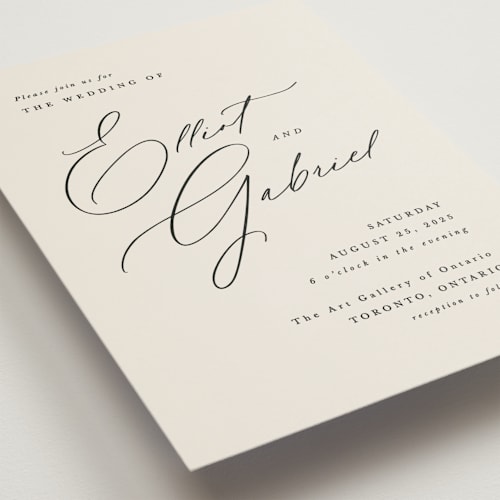 This is a ecru petite wedding invitations with standard by Hooray Creative called scripted names printing on signature in petite