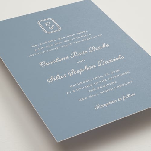 This is a french blue petite wedding invitations with standard by Carolyn MacLaren called bevel monogram printing on signature in petite