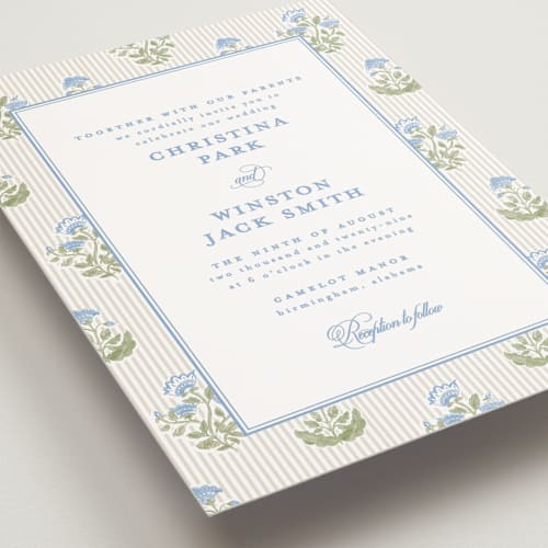This is a powder petite wedding invitations with standard by Creo Study called patterned florals printing on signature in petite