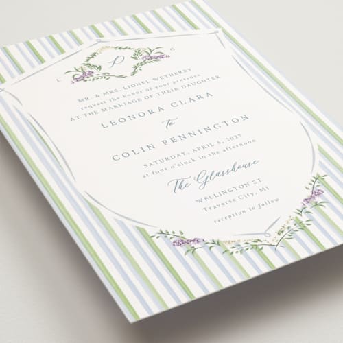 This is a bluebell petite wedding invitations with standard by Corinne Malesic called vintage whimsy printing on signature in petite