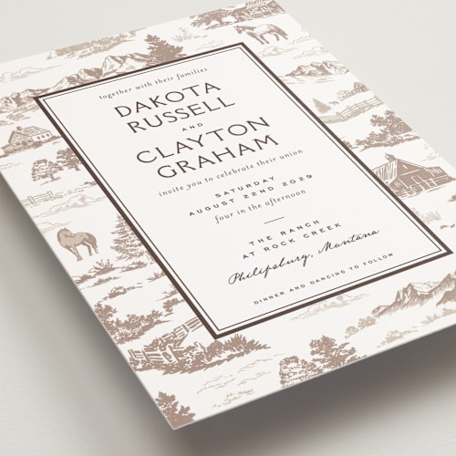 This is a leather petite wedding invitations with standard by Jenna Holcomb called mountain ranch toile printing on signature in petite