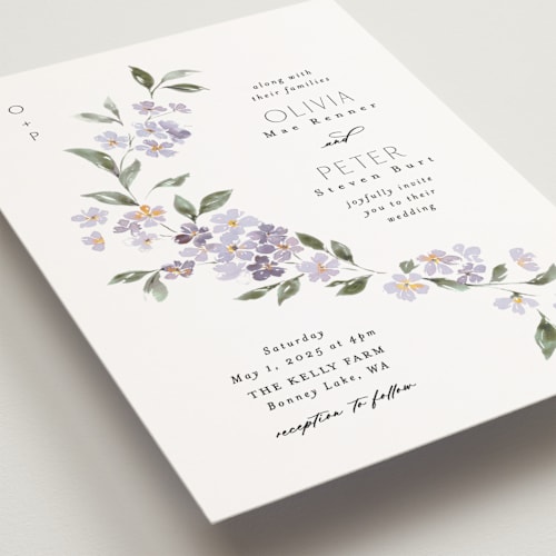 This is a periwinkle petite wedding invitations with standard by Itsy Belle Studio called sweeping vine printing on signature in petite
