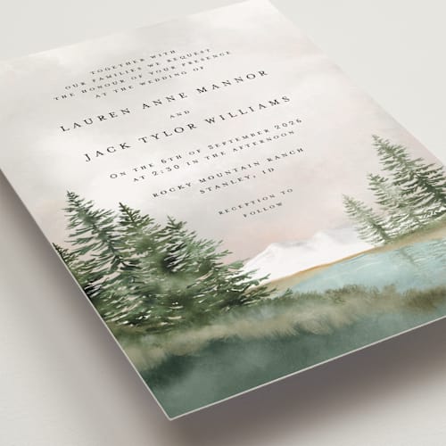 This is a forest petite wedding invitations with standard by Petra Kern called montagna printing on signature in petite