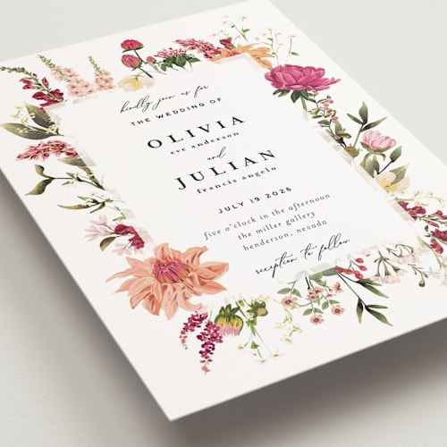 This is a magenta petite wedding invitations with standard by Susan Moyal called lush printing on signature in petite
