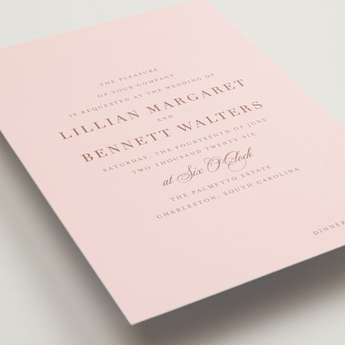 This is a blush petite wedding invitations with standard by Megan Davis called charleston printing on signature in petite