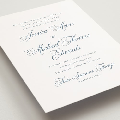 This is a dusty blue petite wedding invitations with standard by Jennifer Postorino called empire printing on signature in petite
