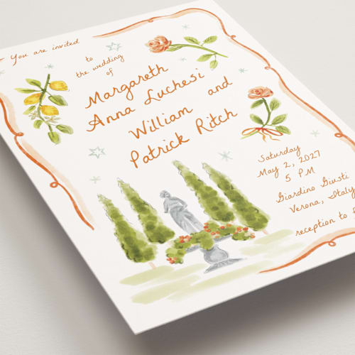 This is a flame petite wedding invitations with standard by Pati Cascino called giardino printing on signature in petite