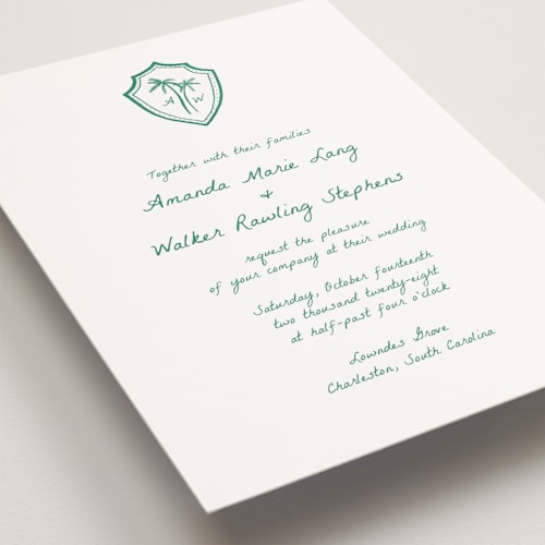 This is a palm petite wedding invitations with standard by Erika Firm called palm tree crest printing on signature in petite