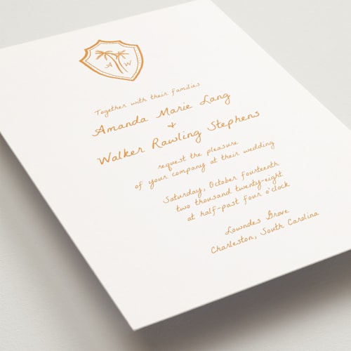 This is a mango petite wedding invitations with standard by Erika Firm called palm tree crest printing on signature in petite