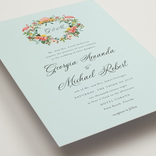 This is a papaya petite wedding invitations with standard by Susan Moyal called tropical crest printing on signature in petite