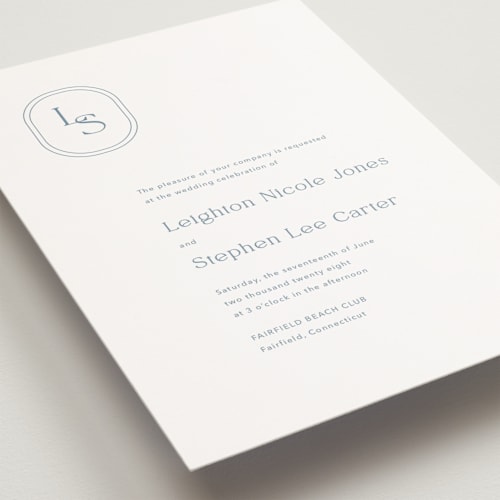 This is a lakeshore blue petite wedding invitations with standard by Jennifer Postorino called leighton printing on signature in petite