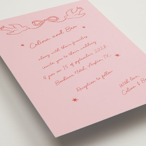 This is a peach petite wedding invitations with standard by Helena Vitto called the bird song printing on signature in petite
