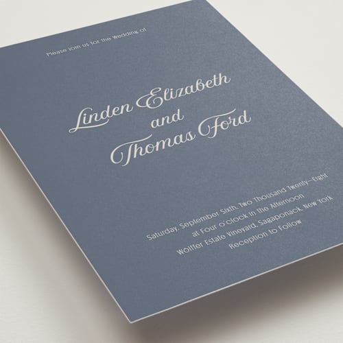 This is a french blue petite wedding invitations with standard by Nicoletta Savod called ritzy printing on signature in petite