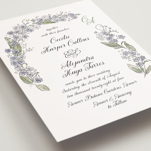 This is a violet petite wedding invitations with standard by Jenna Holcomb called forget me nots printing on signature in petite