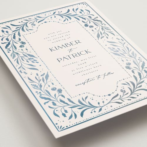 This is a delft blue petite wedding invitations with standard by Ashley DeMeyere called porcelain printing on signature in petite
