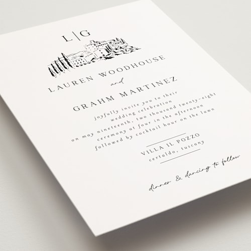 This is a noir petite wedding invitations with standard by Shiny Penny Studio called countryside villa printing on signature in petite