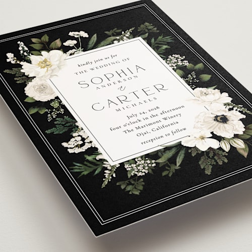This is a black tie petite wedding invitations with standard by Susan Moyal called botanical love printing on signature in petite
