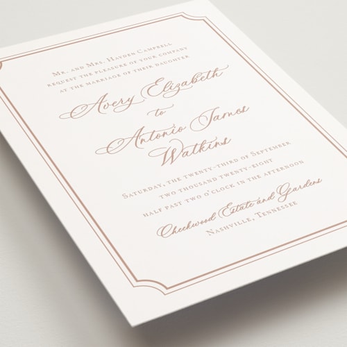 This is a dusty pink petite wedding invitations with standard by Jennifer Postorino called avery printing on signature in petite