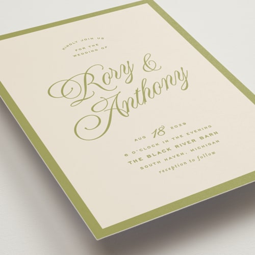This is a olive petite wedding invitations with standard by Ellen Schlegelmilch called rory printing on signature in petite