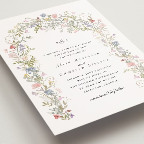 This is a sage petite wedding invitations with standard by Lori Wemple called flowering arch printing on signature in petite