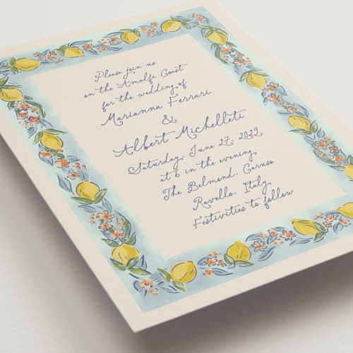 This is a aqua petite wedding invitations with standard by Chris Griffith called amalfi coast wedding printing on signature in petite