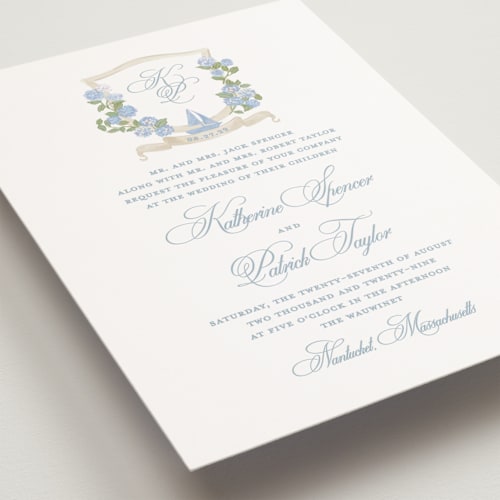 This is a ocean petite wedding invitations with standard by Creo Study called coastal crest printing on signature in petite