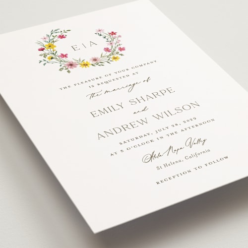 This is a peony petite wedding invitations with standard by Yaling Hou Suzuki called wildflower wreath printing on signature in petite