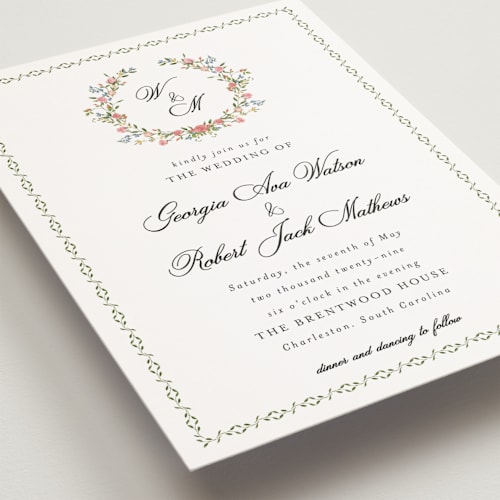 This is a blush petite wedding invitations with standard by Susan Moyal called monogramed printing on signature in petite