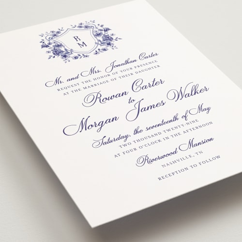 This is a plum petite wedding invitations with standard by Cass Loh called blooming crest printing on signature in petite