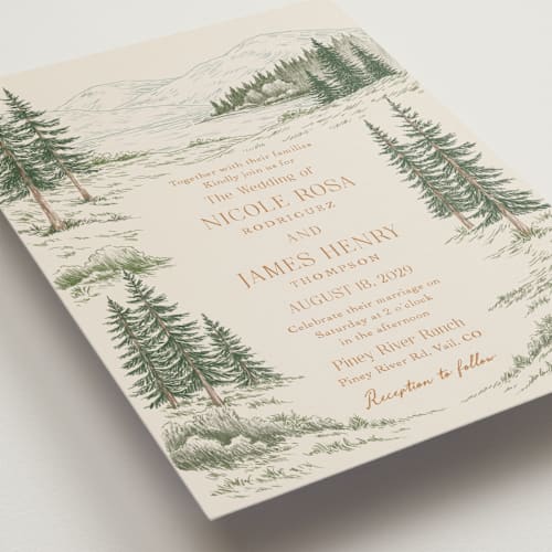 This is a forest petite wedding invitations with standard by Elly called whispering pines printing on signature in petite