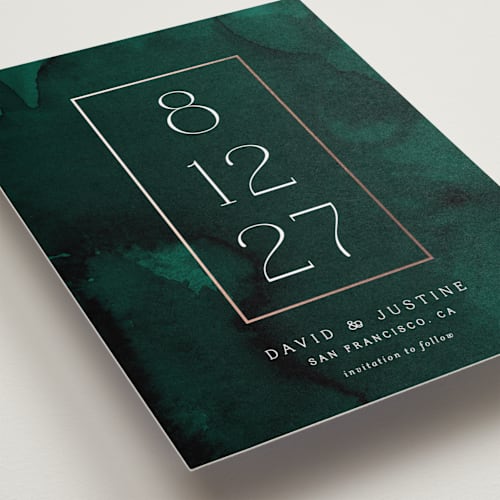 This is a jade petite save the dates with foil pressed by Kerry Doyle called modernized printing on signature in petite