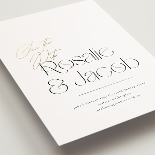 This is a snow petite save the dates with foil pressed by Itsy Belle Studio called aula printing on signature in petite