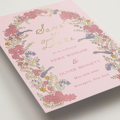 This is a tea rose petite save the dates with foil pressed by Sarah Rosenthal called evergold blooms printing on signature in petite