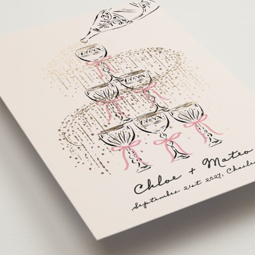 This is a petal petite save the dates with foil pressed by Jackie Crawford called sparkling champagne tower printing on signature in petite