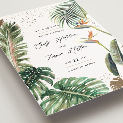 This is a fern petite save the dates with foil pressed by Elly called our paradise printing on signature in petite
