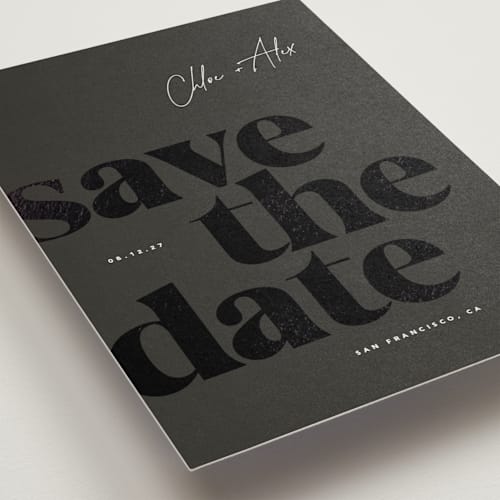 This is a evening petite save the dates with foil pressed by Eric Clegg called retro printing on signature in petite