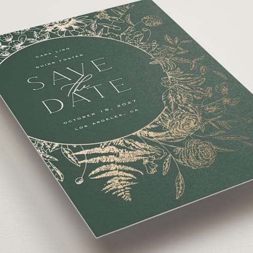 This is a moss petite save the dates with foil pressed by Leah Bisch called always printing on signature in petite