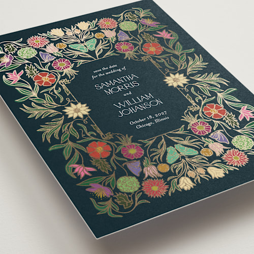 This is a midnight garden petite save the dates with foil pressed by Simona Camp called gilded tapestry printing on signature in petite