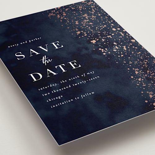 This is a midnight petite save the dates with foil pressed by Angela Marzuki called glistening stardust printing on signature in petite