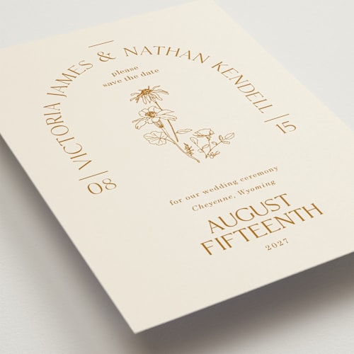 This is a cream petite save the dates with standard by Baumbirdy called floral type arch printing on signature in petite