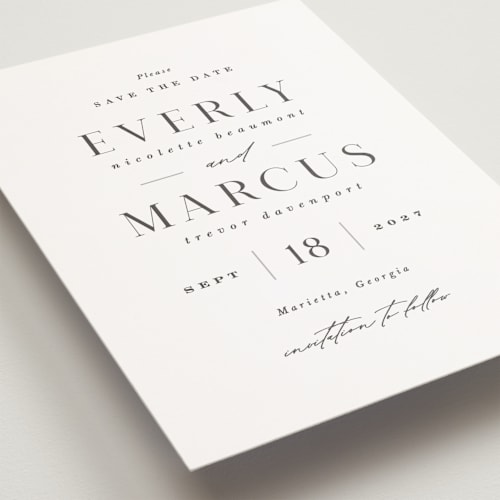 This is a snow petite save the dates with standard by Hooray Creative called everly printing on signature in petite