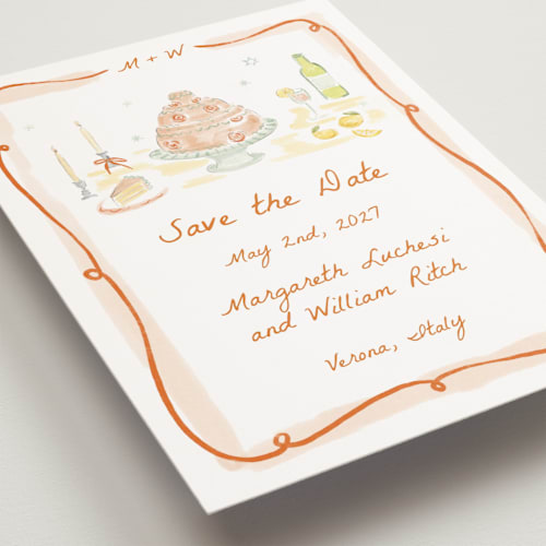 This is a flame petite save the dates with standard by Pati Cascino called giardino printing on signature in petite