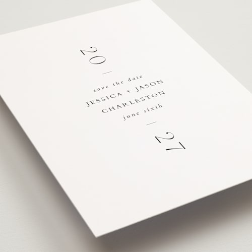 This is a lily petite save the dates with standard by Lori Wemple called blanca printing on signature in petite