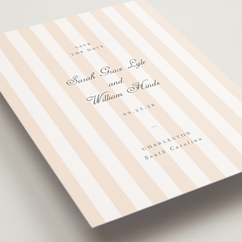 This is a peach petite save the dates with standard by Sara Hicks Malone called awning stripe printing on signature in petite