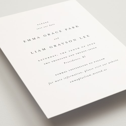 This is a classic white petite save the dates with standard by Design Lotus called a thousand years printing on signature in petite