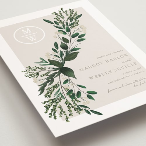 This is a taupe petite save the dates with standard by Kaydi Bishop called watermark printing on signature in petite