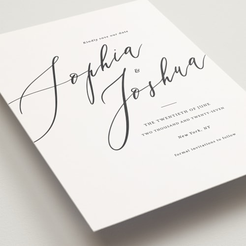 This is a snow petite save the dates with standard by Griffinbell Paper Co. called crescendo printing on signature in petite