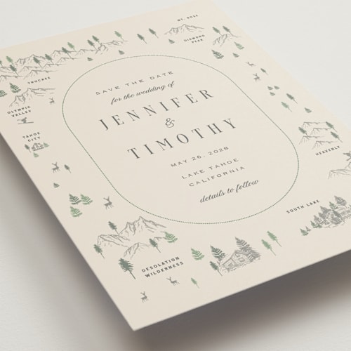 This is a cream petite save the dates with standard by Sherley Ferreira called tahoe lake printing on signature in petite